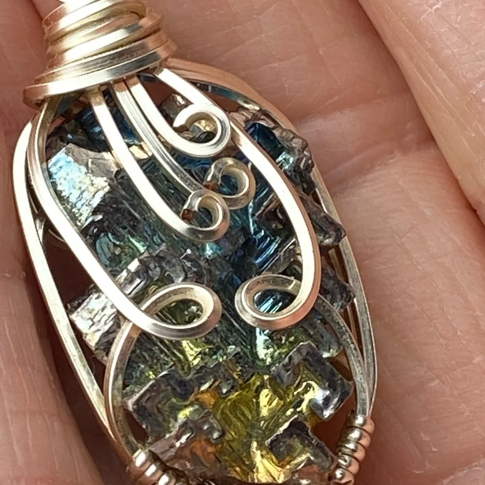 Dragon scale Silver Wire cage wrap pendant rainbow iridescent geo wrap bismuth